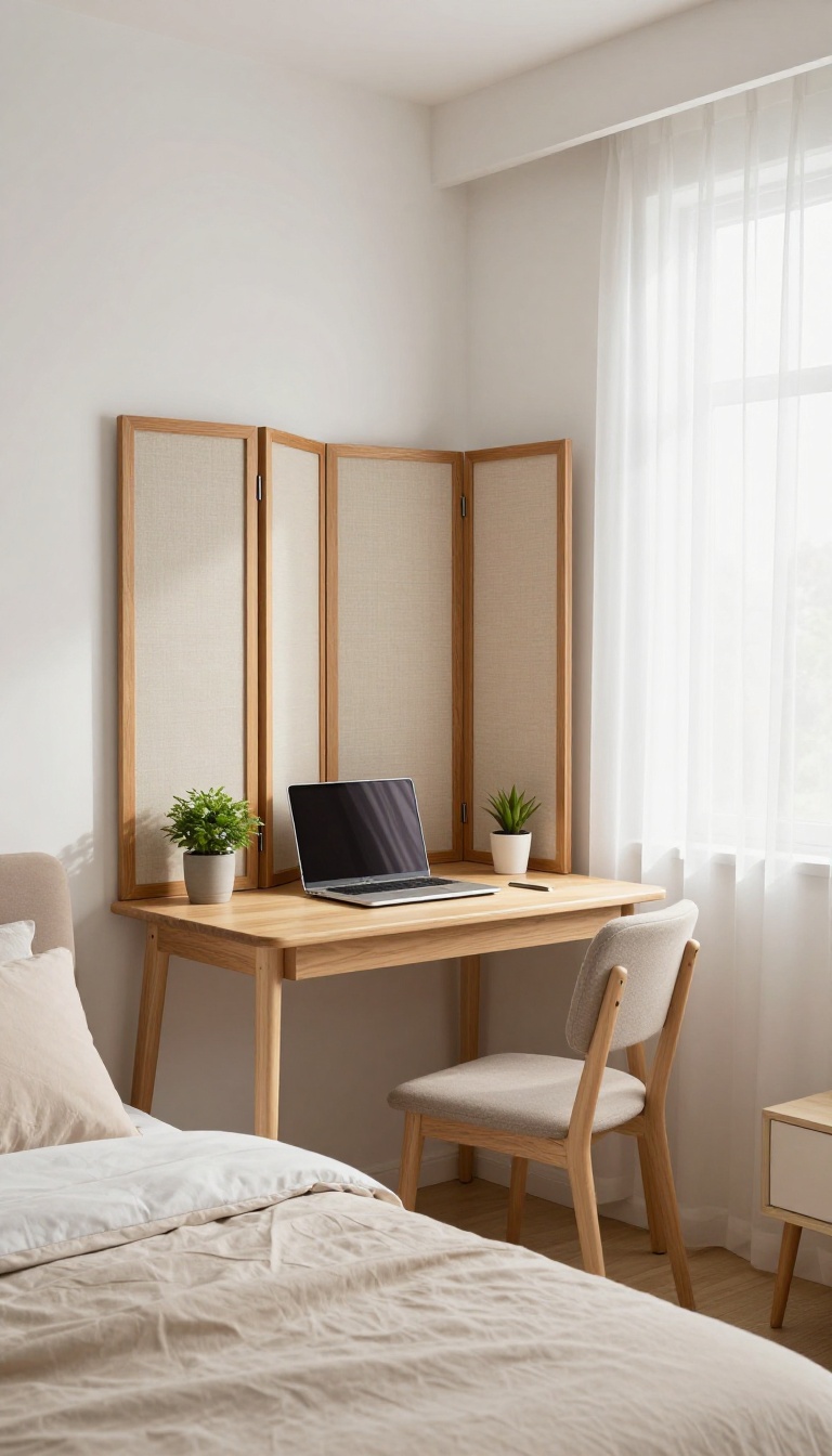 Guest room with a corner desk and a decorative privacy screen, creating a dual-purpose space for work and relaxation.