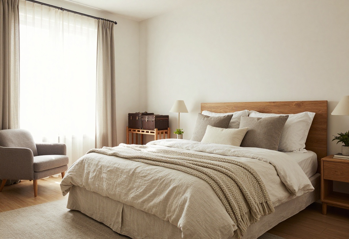 A beautifully styled guest bedroom with layered bedding, a luggage rack, and a cozy reading nook