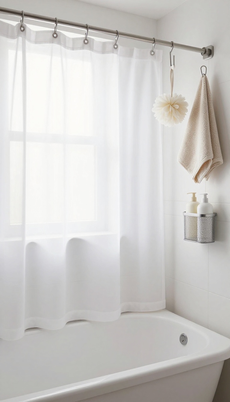 Small bathroom with fabric shower curtain and hooks holding loofah, washcloth, and caddy for storage.