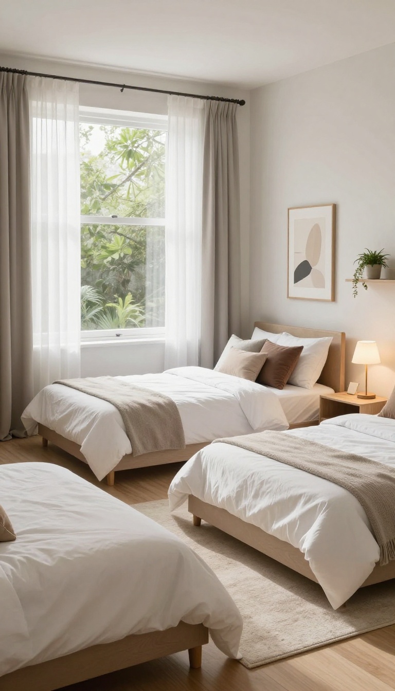 Small bedroom with two beds positioned perpendicular to each other, each facing a different focal point, creating separate zones for a couple.