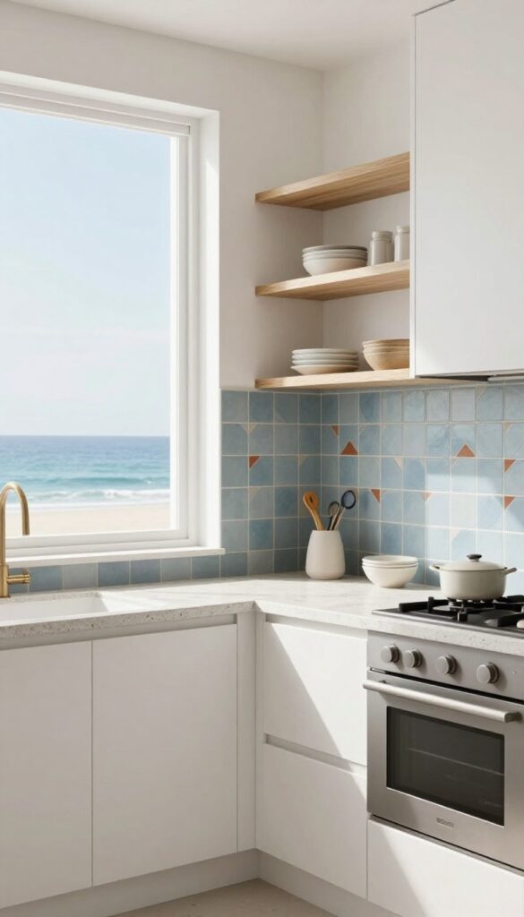 Coastal kitchen with patterned cement tile backsplash in muted blue and terracotta