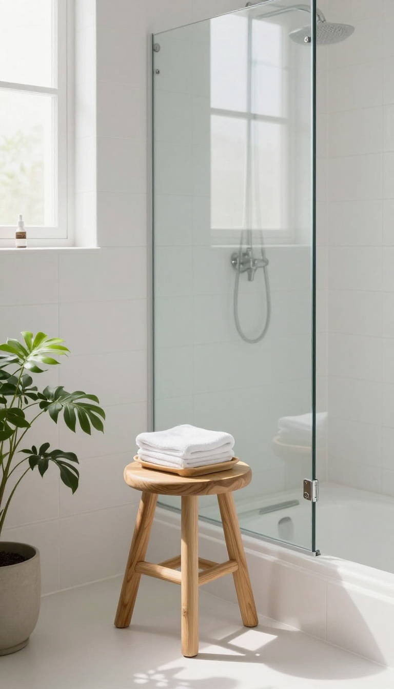 Small wooden stool with folded towel and toiletries in a bright guest bathroom