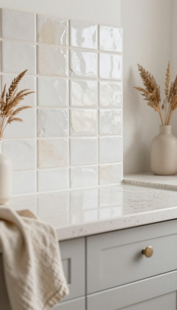 Sandy white zellige tiles backsplash in a coastal kitchen with light countertops and cabinets