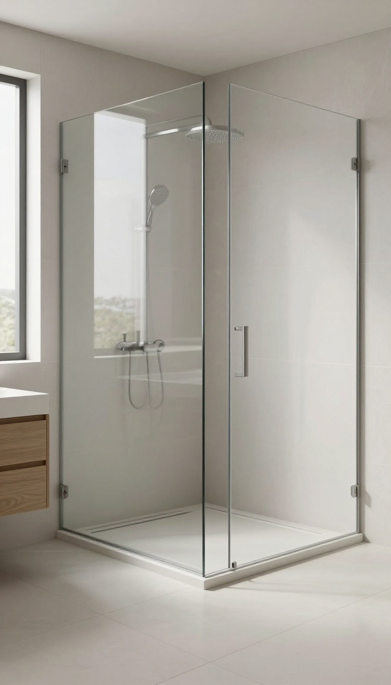 Modern bathroom with a low-profile shower tray seamlessly blending with the floor, featuring a glass screen and rainfall showerhead.