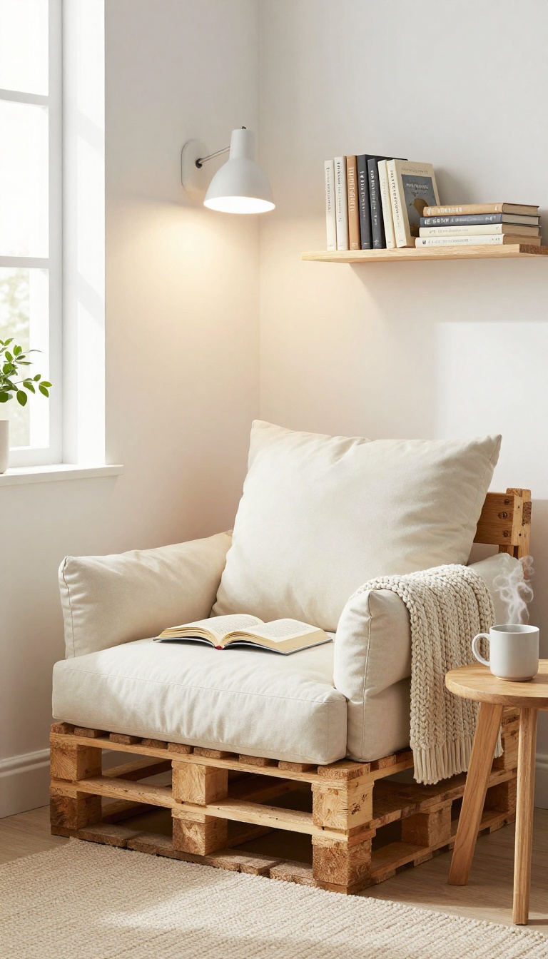 Cozy reading nook with pallet chair in a small bedroom