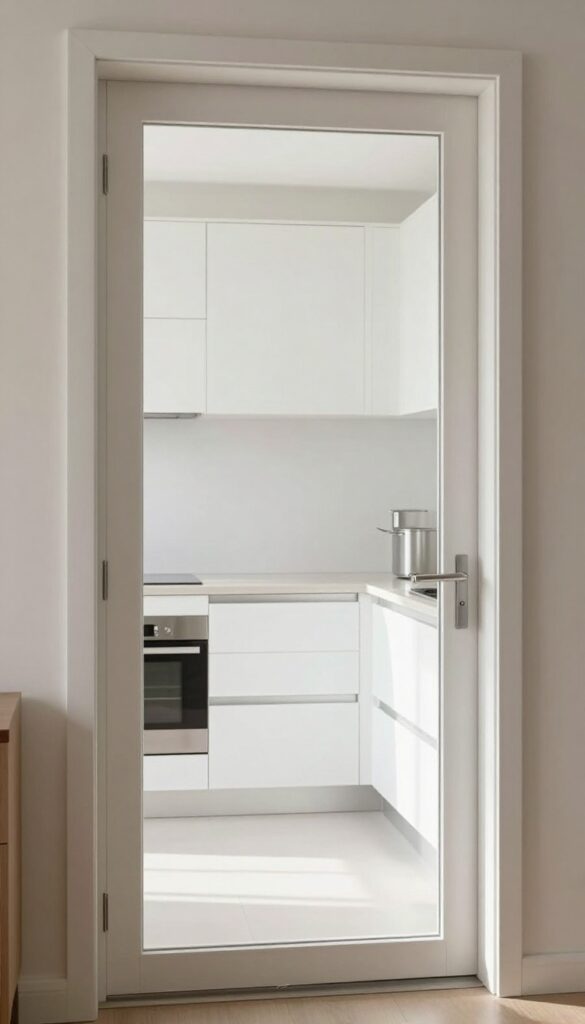 Modern kitchen door with frosted glass panels allowing soft natural light to filter through, creating a bright and airy entrance.