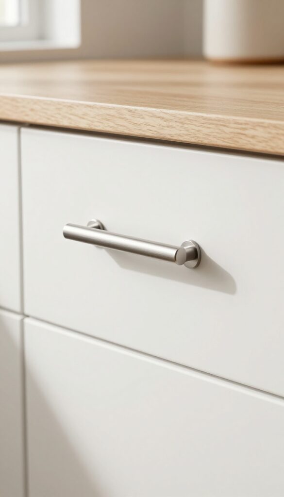 Modern kitchen cabinet with minimalist T-bar pull handle in brushed stainless steel
