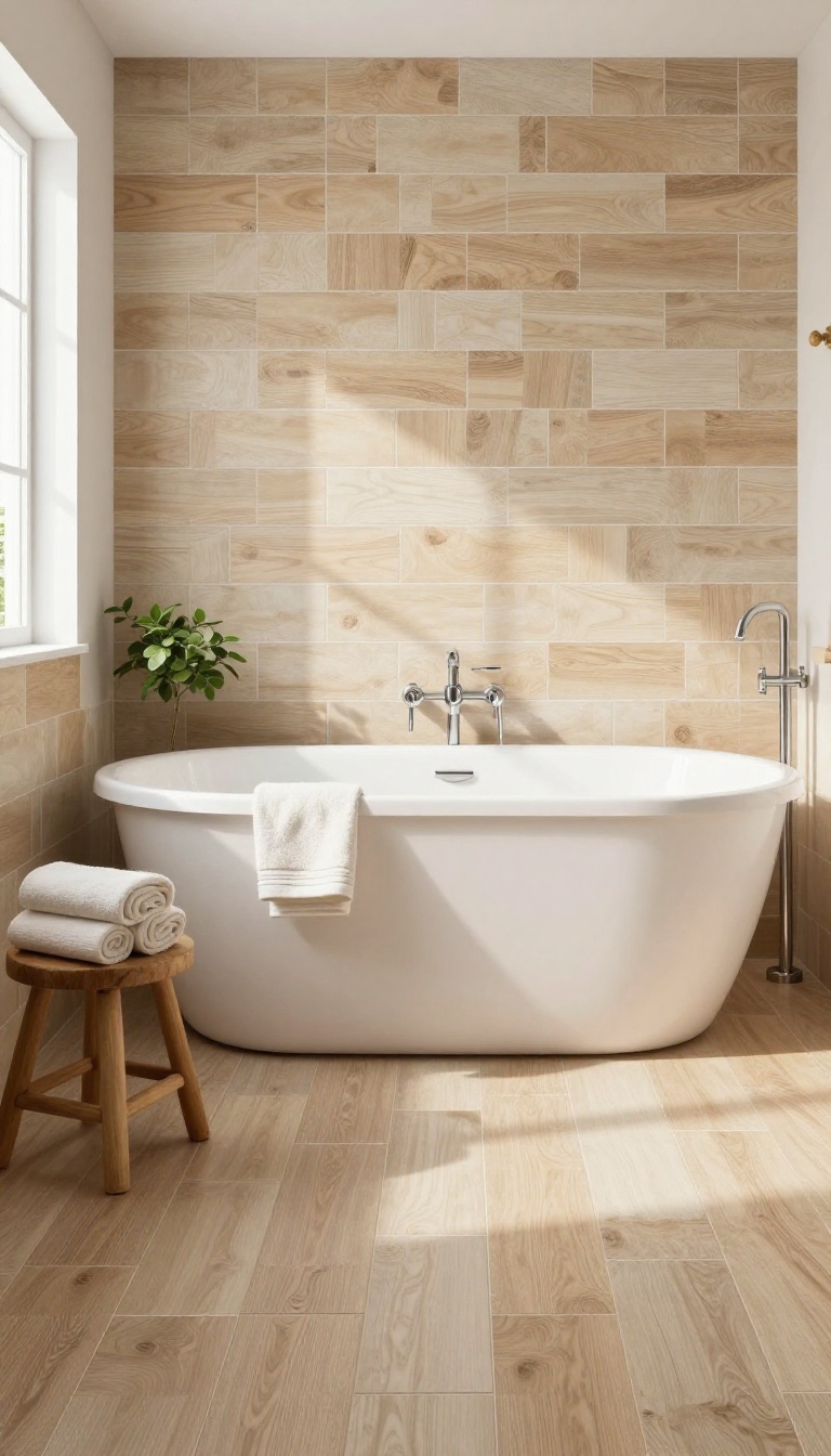 Wood-look tile tub surround in a bright, cozy bathroom with a freestanding tub and natural light
