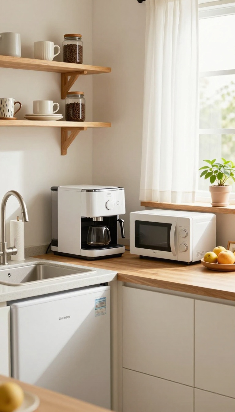 Compact mini kitchenette with mini-fridge, microwave, coffee maker, and sink in a guest house corner