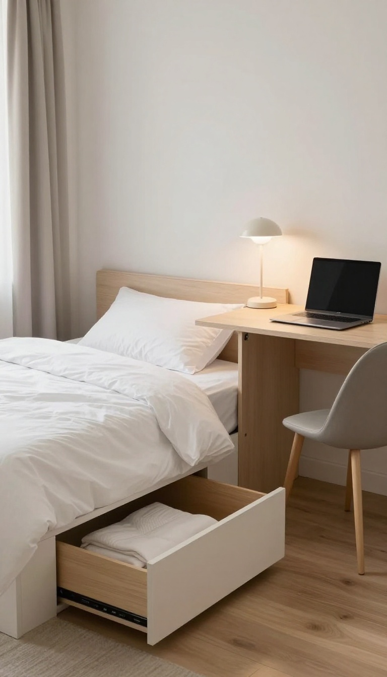 Guest room with a storage bed and fold-out desk, showcasing dual-purpose furniture in a bright, organized space.