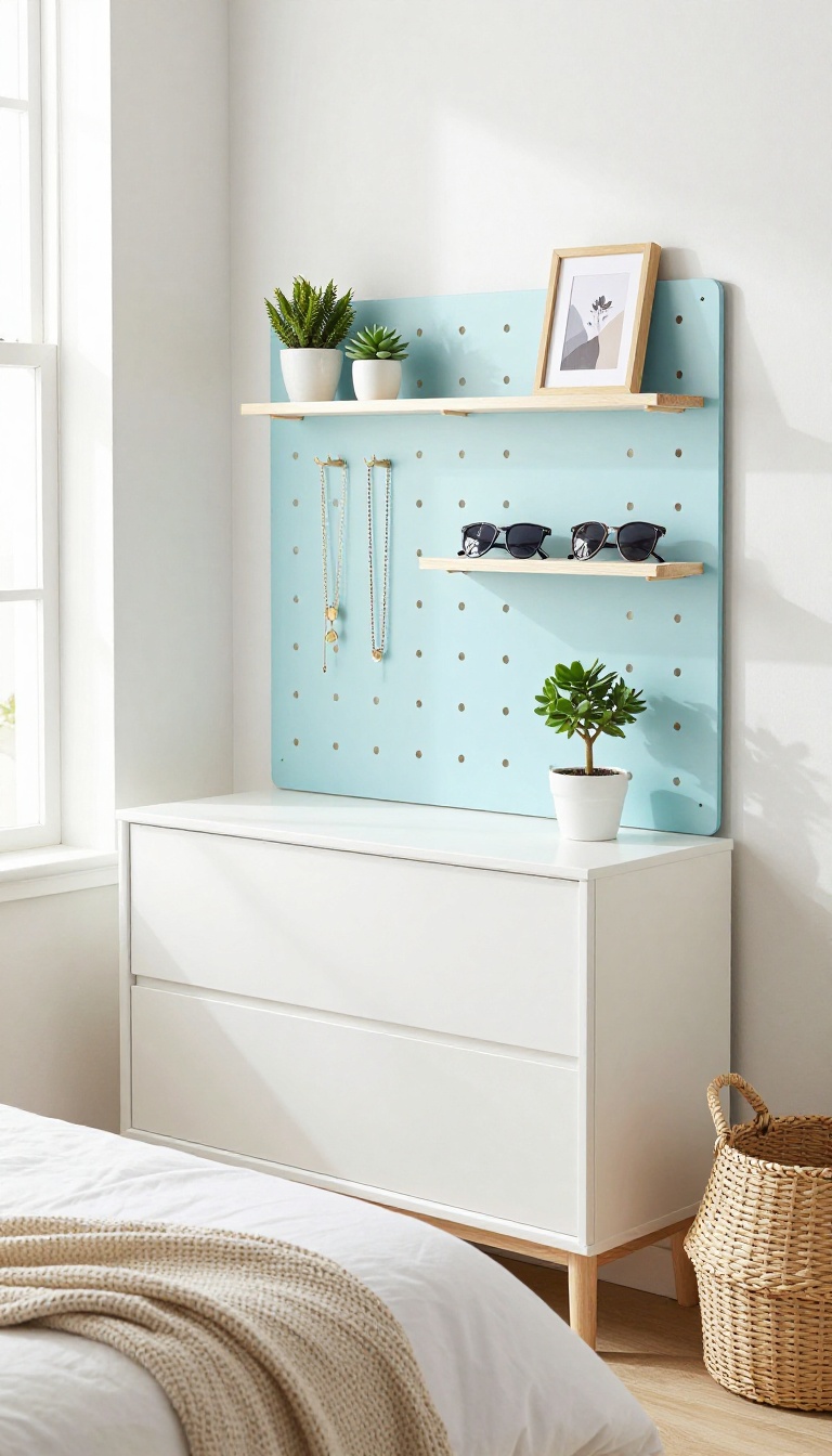 Pegboard wall organizer in a small bedroom with accessories and plants