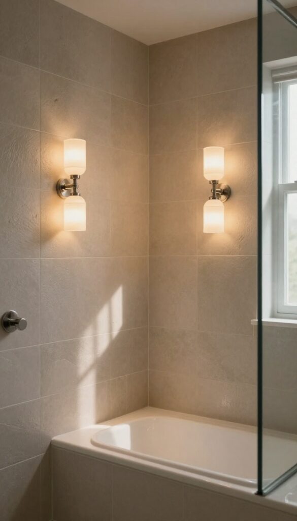 Modern shower with wall sconces and frosted glass shades emitting a warm glow