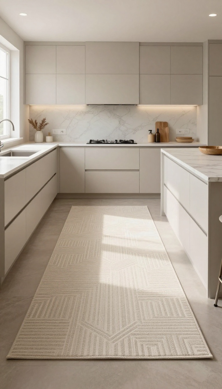 A stylish kitchen island with a long runner rug defining the space, in a bright, modern kitchen.