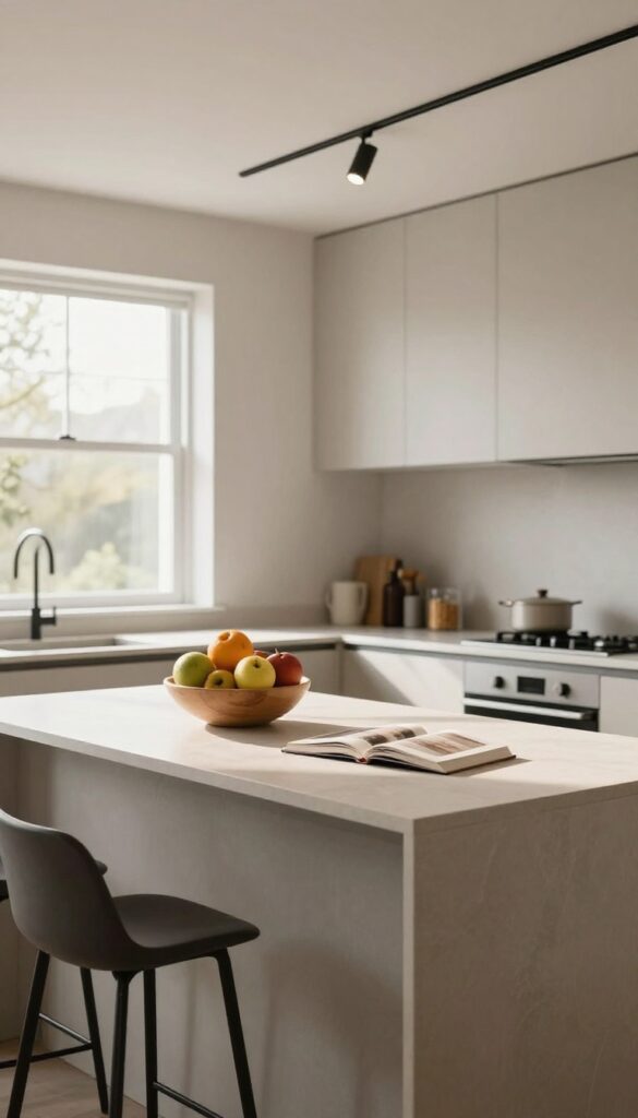 Modern kitchen island with adjustable track lighting highlighting a fruit bowl and cookbook