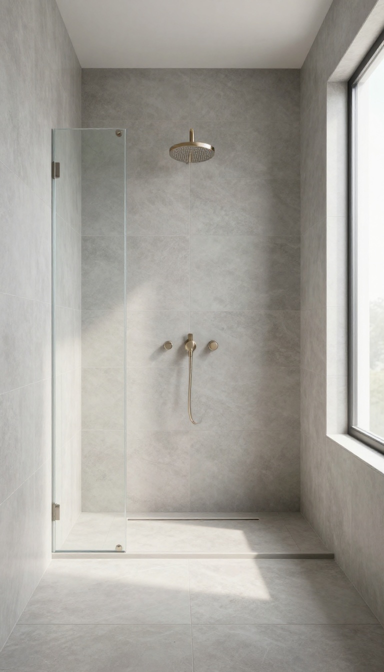 Modern bathroom shower with large grey porcelain slabs and glass enclosure, minimalist design