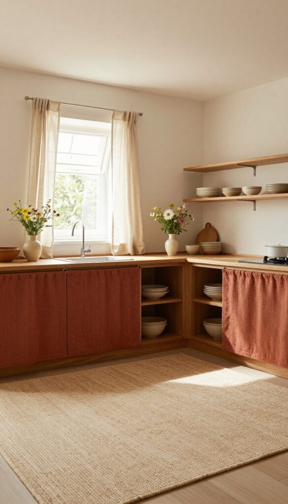 Cozy attic kitchen with layered rugs, woven runner, and linen curtains for softness