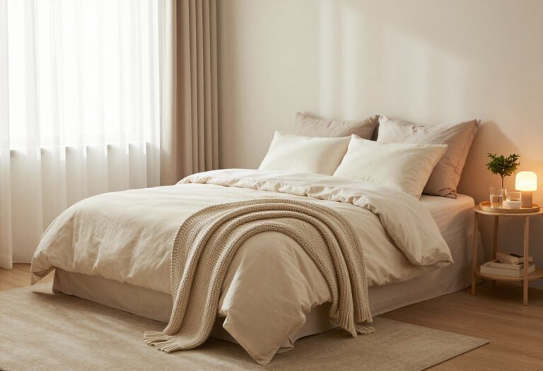 Cozy guest bedroom with warm decor, layered bedding, and soft lighting