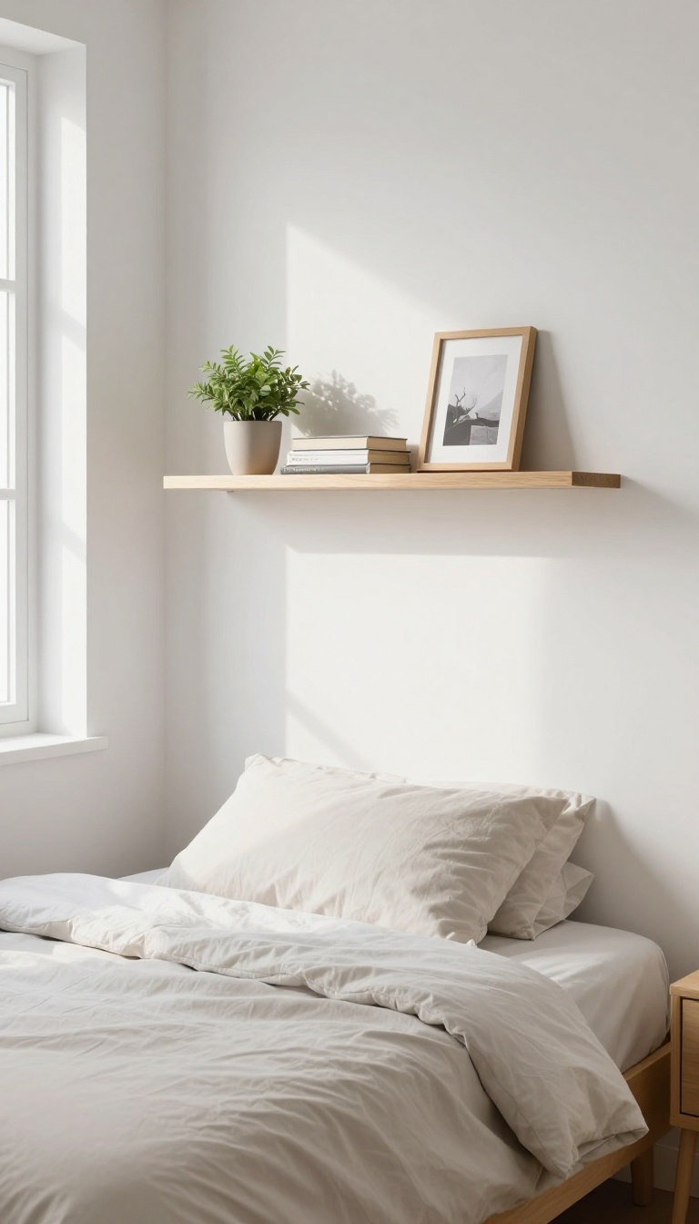 Floating shelf headboard in a small bedroom with plants and books