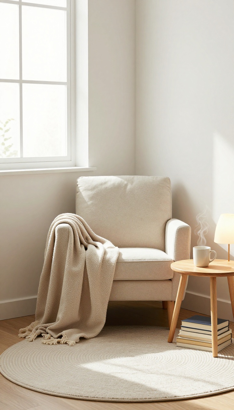 Cozy reading nook in a small bedroom corner with a plush armchair, side table, floor lamp, and rug