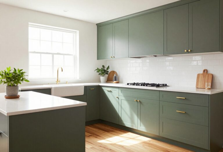 Modern kitchen with olive green cabinets and brass hardware