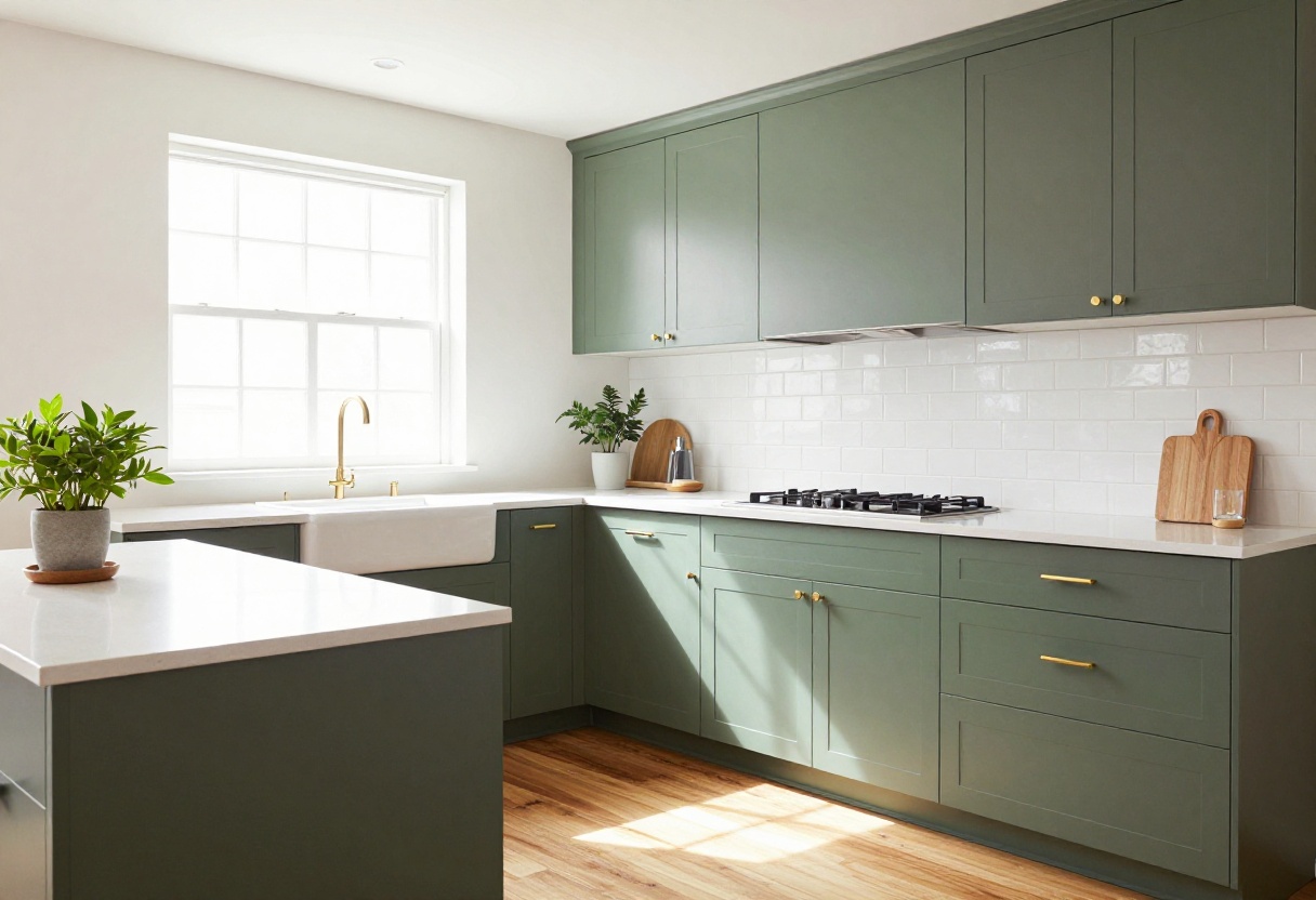 Modern kitchen with olive green cabinets and brass hardware