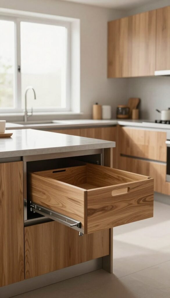Modern kitchen island with pull-out waste drawer in warm wood tones