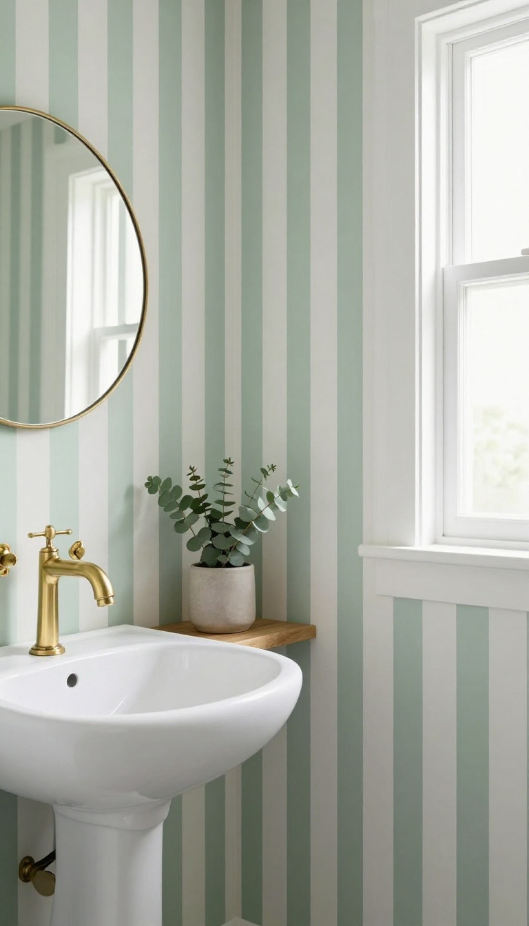 Guest bathroom with playful vertical stripes wallpaper in sage green and white, vintage brass fixtures, and a potted plant.
