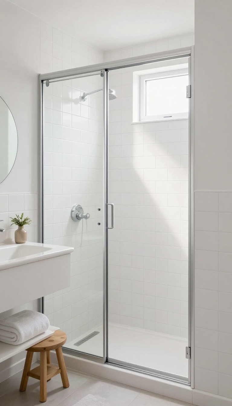 Small bathroom with frameless sliding glass shower door, white tiles, and compact vanity