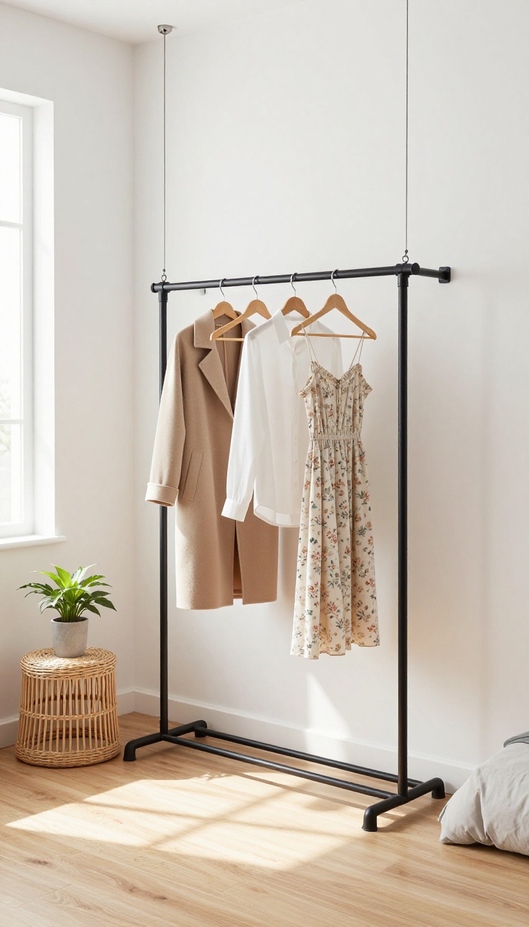 Ceiling-mounted clothes rack in a small bedroom with clothes on wooden hangers and a stool underneath
