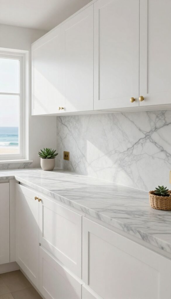 Coastal kitchen with large-format marble slab backsplash and soft gray veining