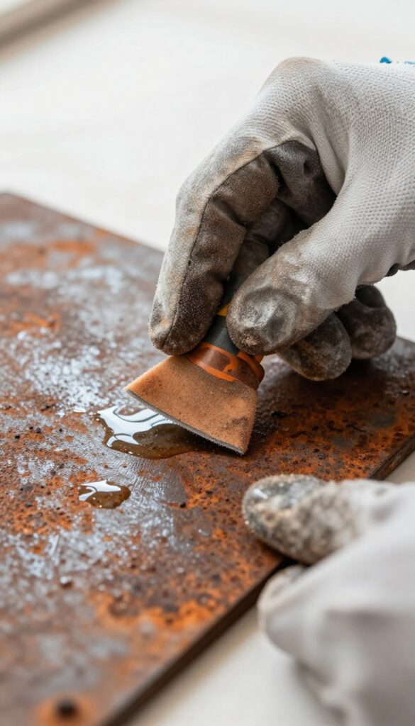 Hand sanding rusted metal with lubricated sandpaper