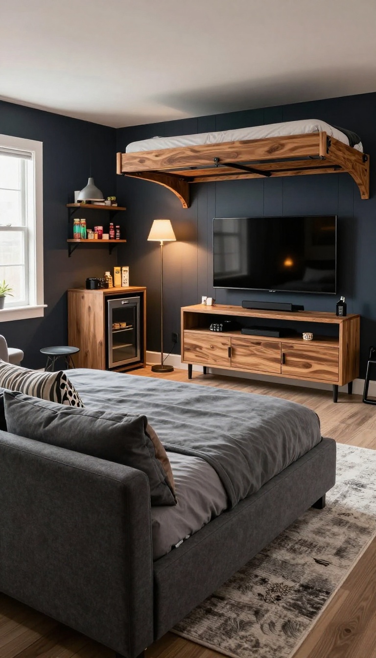 A cozy basement guest bedroom with a daybed, TV, pool table, and snack bar, styled as a man cave.