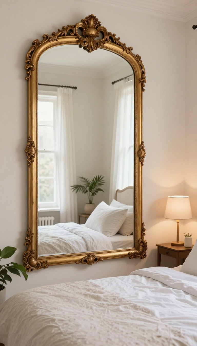 Small bedroom with a large mirror reflecting light to create depth