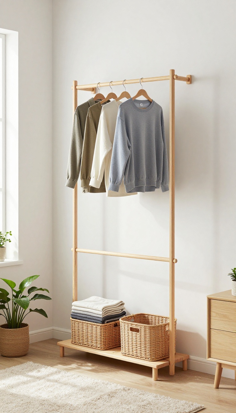Vertical clothing storage in a small modern bedroom with double rods