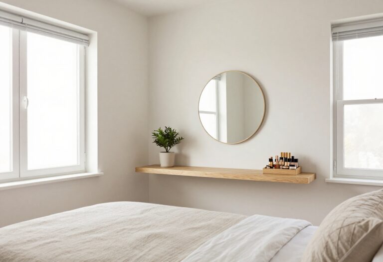 Small bedroom with a wall-mounted vanity and floating shelf
