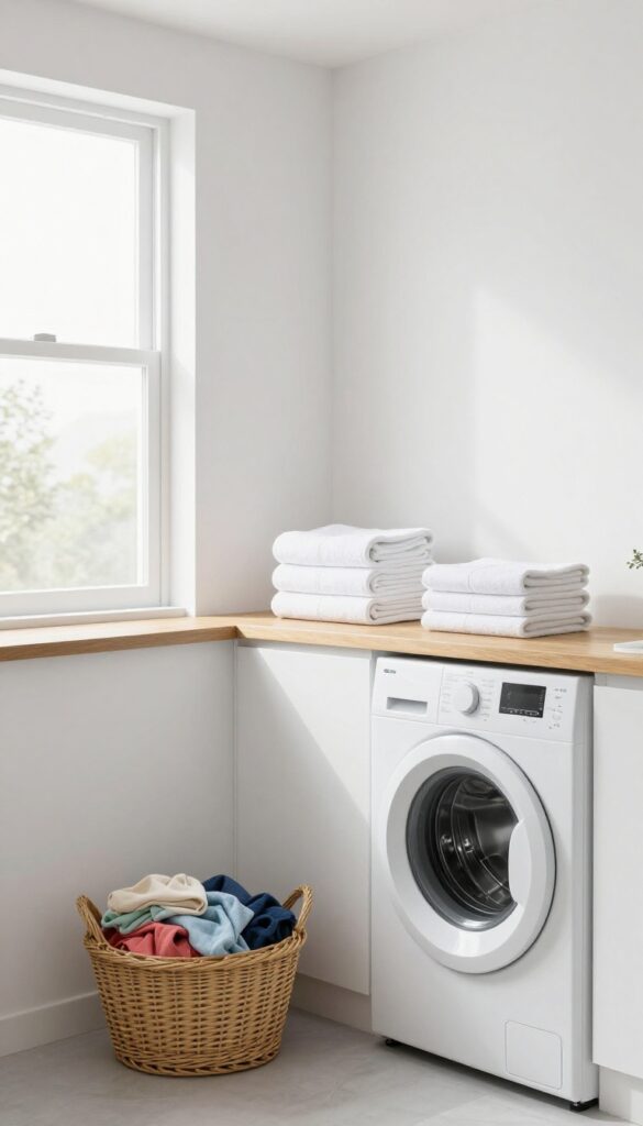 A clean, bright laundry room with a washing machine and neatly folded towels