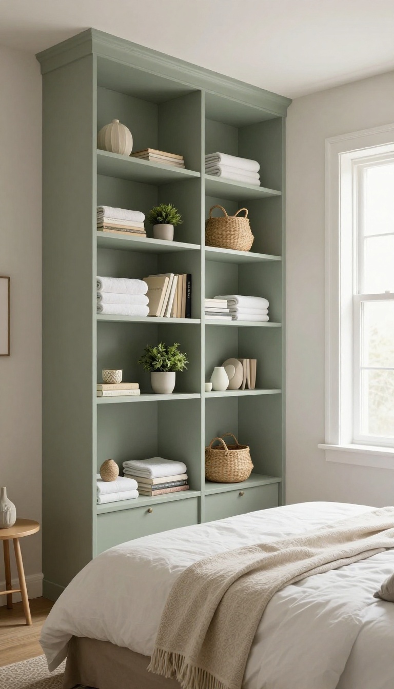 Small guest room with vertical storage shelves filled with towels, books, and decor, painted to match the walls.