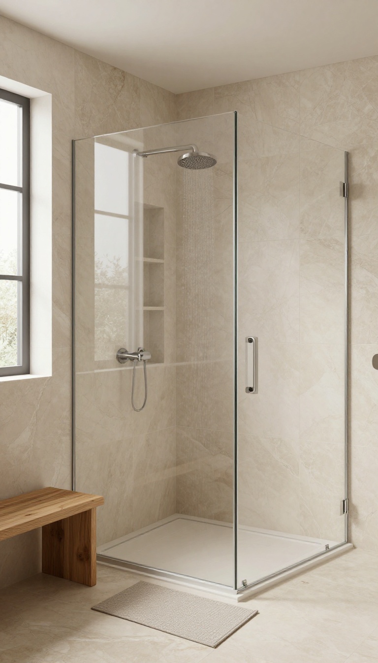 Floor-to-ceiling large-format tiles in a modern shower-only bathroom create a seamless, spa-like look.