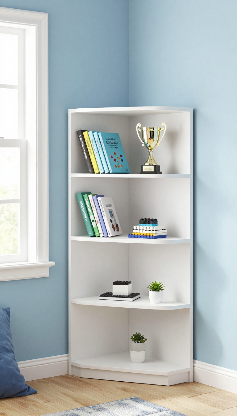 Corner shelving unit in a boy's bedroom displaying books, a trophy, a plant, and LEGO set