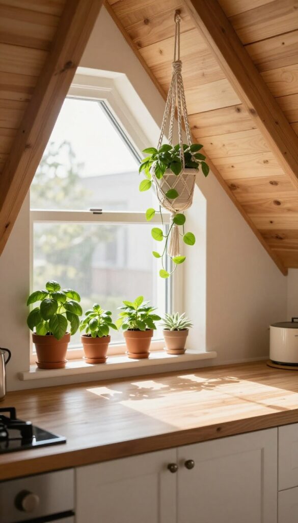 Cozy attic kitchen with plants on windowsill and hanging pothos near skylight