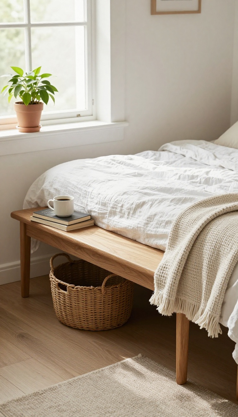 Small bedroom with a wooden bench at the foot of the bed, styled with a basket and tray, in natural light.