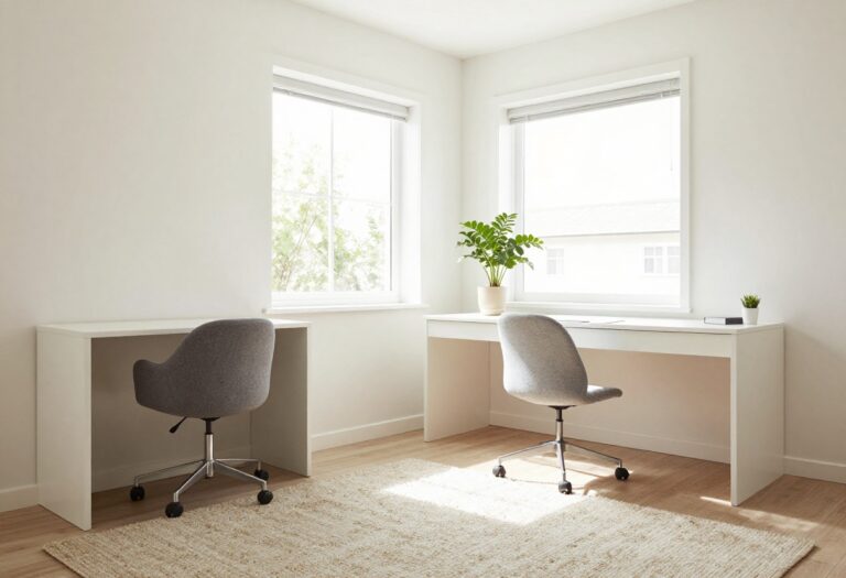 Guest room with a Murphy bed and a built-in desk, showing a dual-purpose space