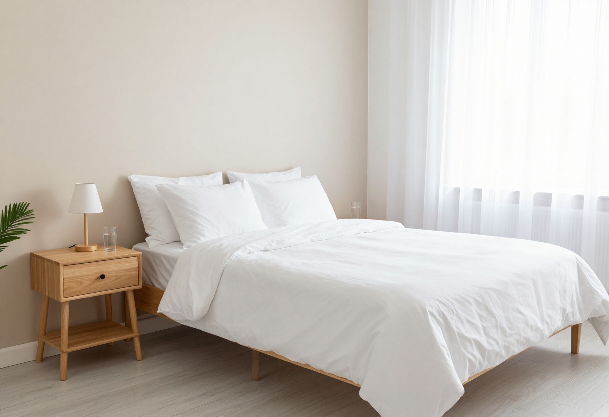 A clean, uncluttered guest room with a white bed, wooden nightstand, and natural light