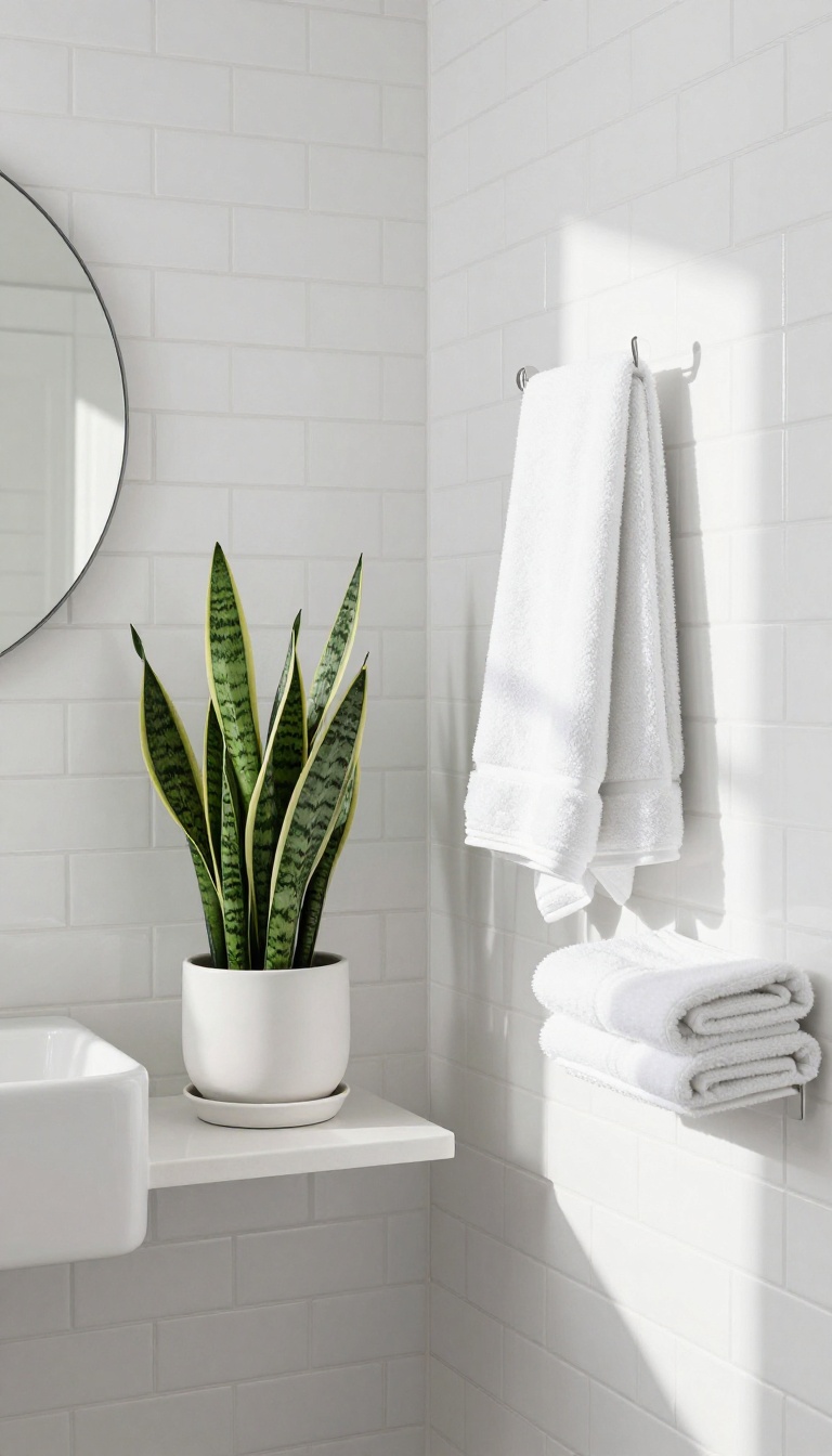 A small snake plant in a white pot adds a fresh pop of green to a bright guest bathroom countertop.