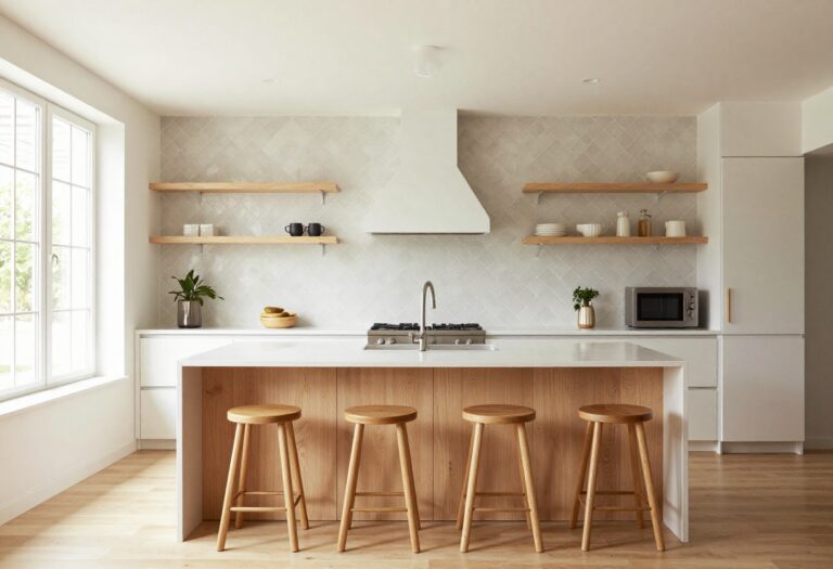 Modern kitchen island with decorative tile back panel and open shelving