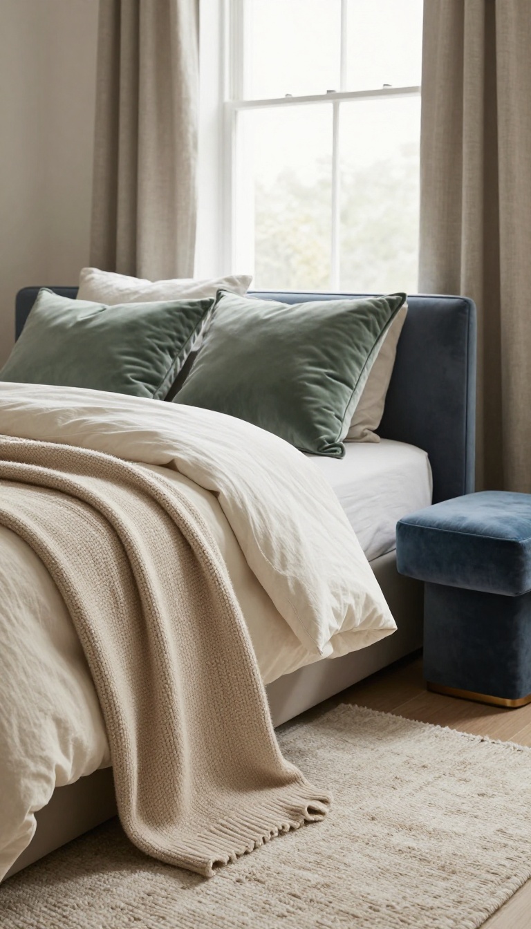 Cozy guest bedroom with linen bedding, wool throw, and velvet pillows in natural light