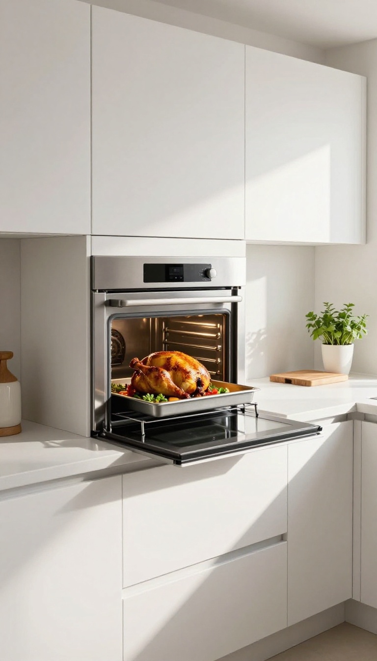 Compact combination microwave and convection oven built into modern kitchen cabinetry with a roasted chicken inside