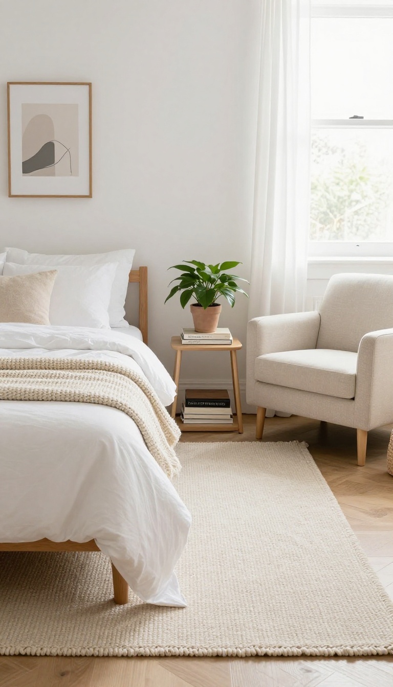 Small bedroom with two rugs defining a sleeping area and a reading nook, bathed in natural light