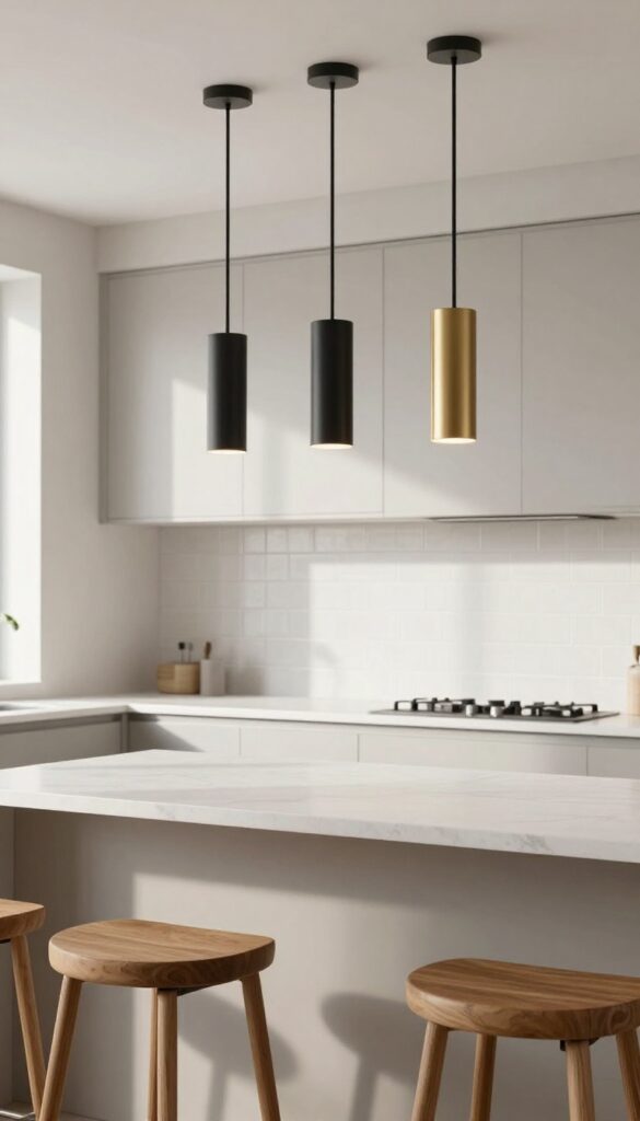 Mixed-metal pendant light cluster over a kitchen island with brass and black finishes, creating a custom look in a bright, modern kitchen.