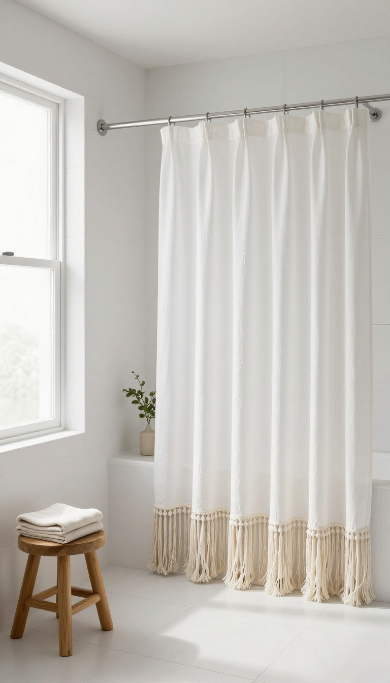 Modern bathroom with a white tassel shower curtain, boho-chic decor, bright natural light